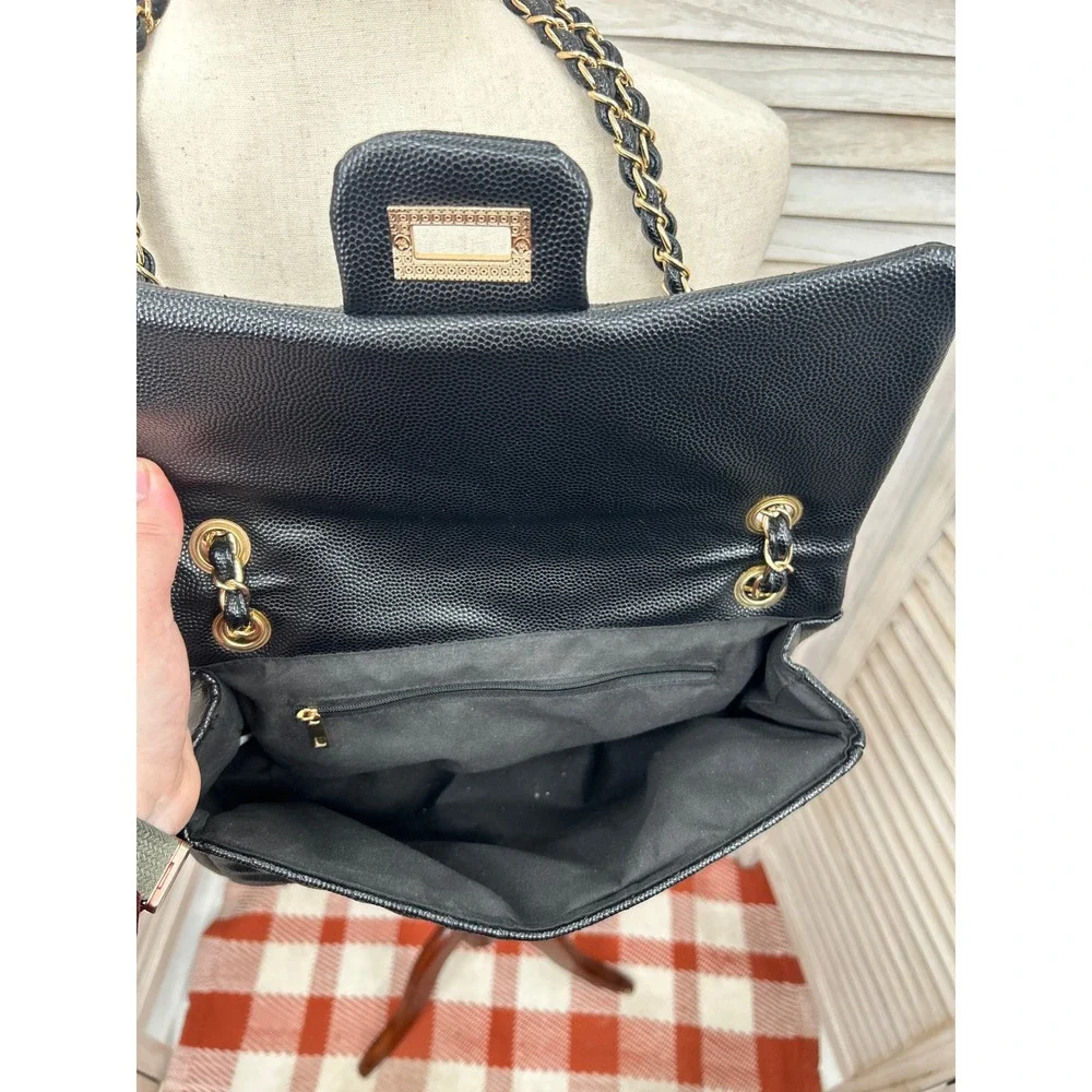 Black Quilted Flap Bag Large Purse Convertible Chevron Minimalist lux